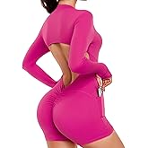 SEASUM Women's Long Sleeve Backless Jumpsuit Side Pocketed Scrunch Butt Sexy Workout Bodysuit Yoga Romper