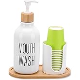 Mouthwash Dispenser with Cup Holder, Plastic White Mouth Wash Pump Bottle with Tray for Bathroom Organizers, 17oz Refillable Clear Mouthwash Container