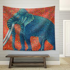 Blue Elephant 2010. Original Acrylic Painting on Canvas - Fabric Wall Tapestry Home Decor - 51x60 inches