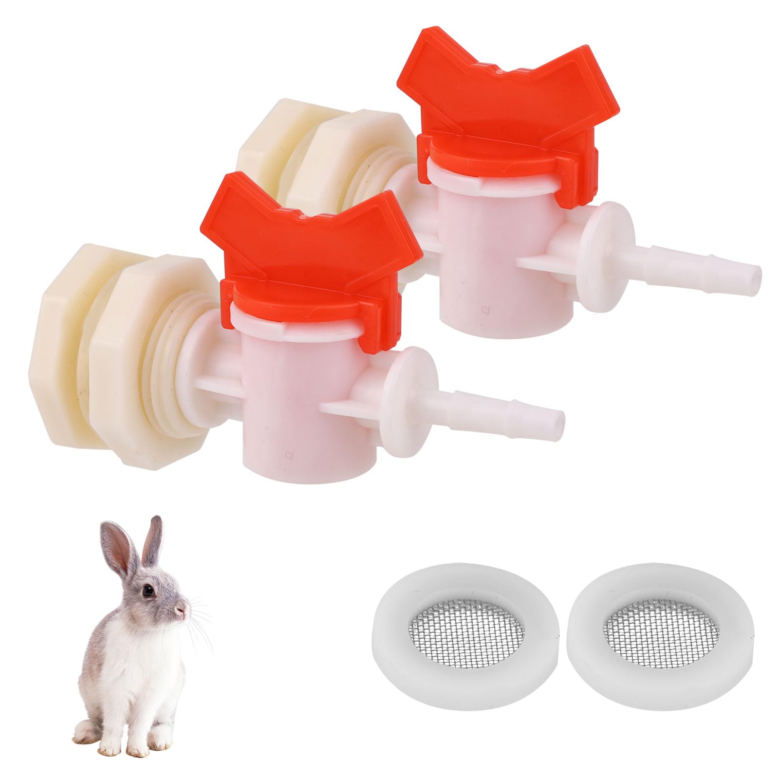 2pcs Rabbit Watering System Bucket Connector Kit to ID 5/16" Hose, with Bulkhead Fitting, Barb Ball Valve and Mesh Washer, Poultry Animal Water Dispenser Automatic Rabbit Watering System