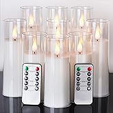 Amagic Magic Pure White Flameless Candles, Battery Operated Candles, Acrylic Flickering LED Pillar Candles with Remote Control and Timer, 3D Wick, Yellow and Blue Glow, D2.2 xH5.5 6.5" 7.5", Set of 9