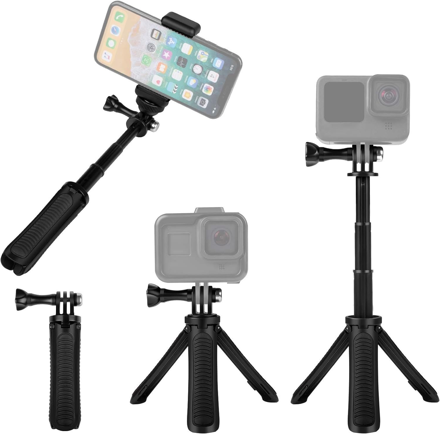 Taisioner Mini Pocket Selfie Stick Shorty Tripod Handle Grip Pole Three in One for GoPro AKASO Insta360 DJI Osmo Action Camera and Smart Phone Kid Adult Available Accessories Black