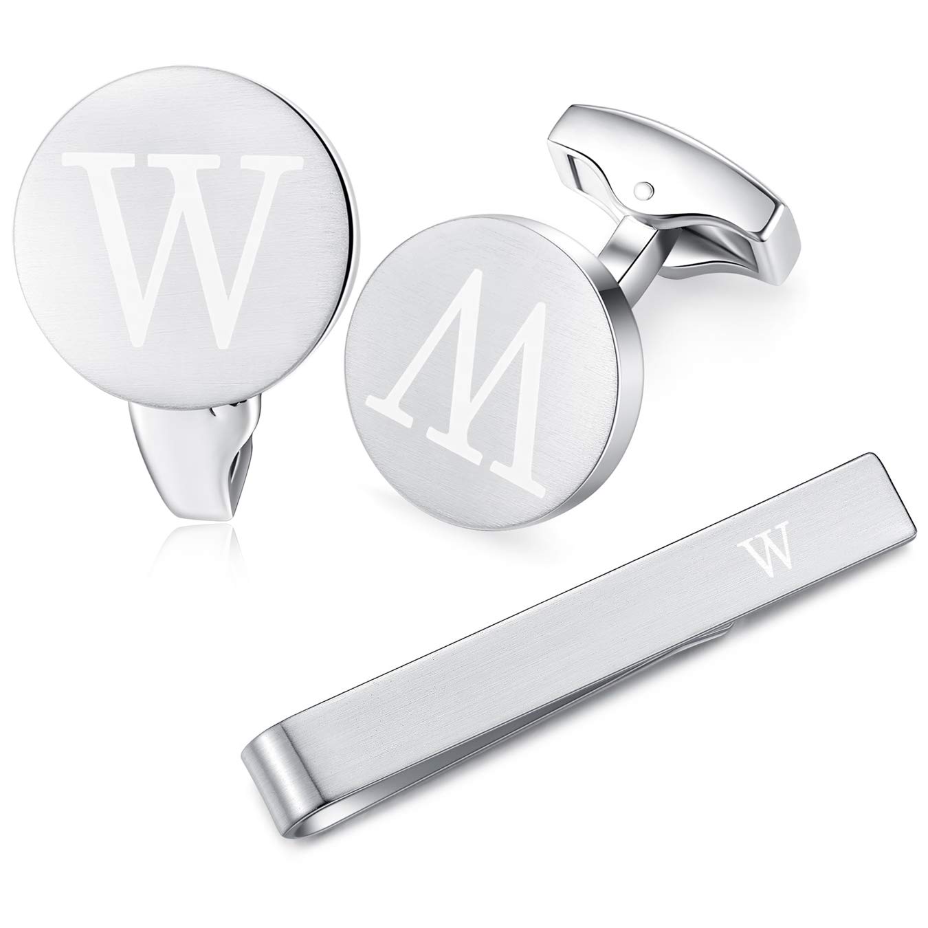 HONEY BEAR Initial Alphabet Letter Cufflinks Skinny Tie Clip Set for Mens Shirt - Round Stainless Steel, for Skinny Narrow Tie Business Wedding Gift,Brushed Silver,4cm (W)