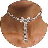 ELABEST Rhinestone Bowknot Necklace Sparkly Tassel Choker Crystal Bow Tie Tennis Chain for Women(Silver)