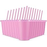Rtteri 15 Pcs Reusable Cups with Straws and Lids 16 oz Glitter Tumblers Plastic Party Favor Cups with Lids Travel Mug Tumbler for Valentine's Day Party Iced Beverage Water(Light Pink)