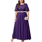 ZOMVA Plus Size 0X-4X Sequin Embroidery Formal Long Dress with Pearl Belt Glitter A Line Prom Wedding Guest Evening Gown
