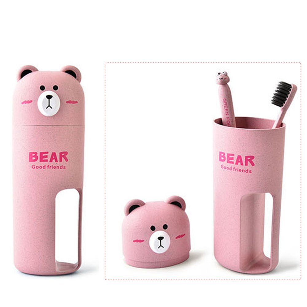 Travel Toothbrush holder and toothbrush Set，Bear Portable Business Wash Cup Holder (Pink)