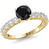 Gem Stone King 14K Yellow Gold Black Sapphire and Lab Grown Diamond Engagement Ring For Women | 1.80 Cttw | Round 6MM | Gemstone September Birthstone