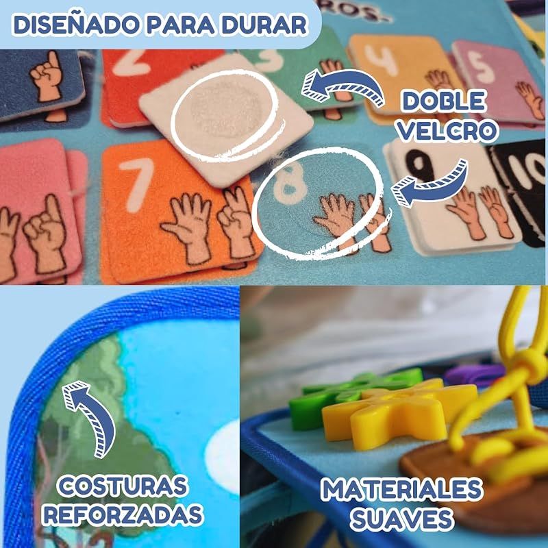 Tabuleiro Ocupado Montessori EM ESPANHOL – 3, 4 e 5 anos, Brinquedo de Viagem Portátil Educativo Sensorial Motricidade Fina e Aprendizagem, Livro de feltro Montessori, Presente para Raparigas e Rapazes