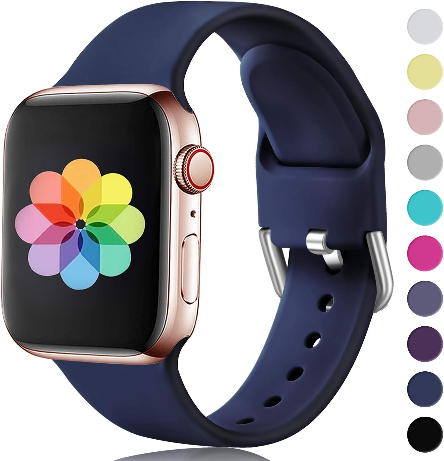 HUMENN Soft Silicone Classic Sport Replacement Bands Compatible with Watch Strap 38mm 42mm 40mm 44mm, Watch Series 5/4/3/2/1, 42mm/44mm-M/L, Navy Blue