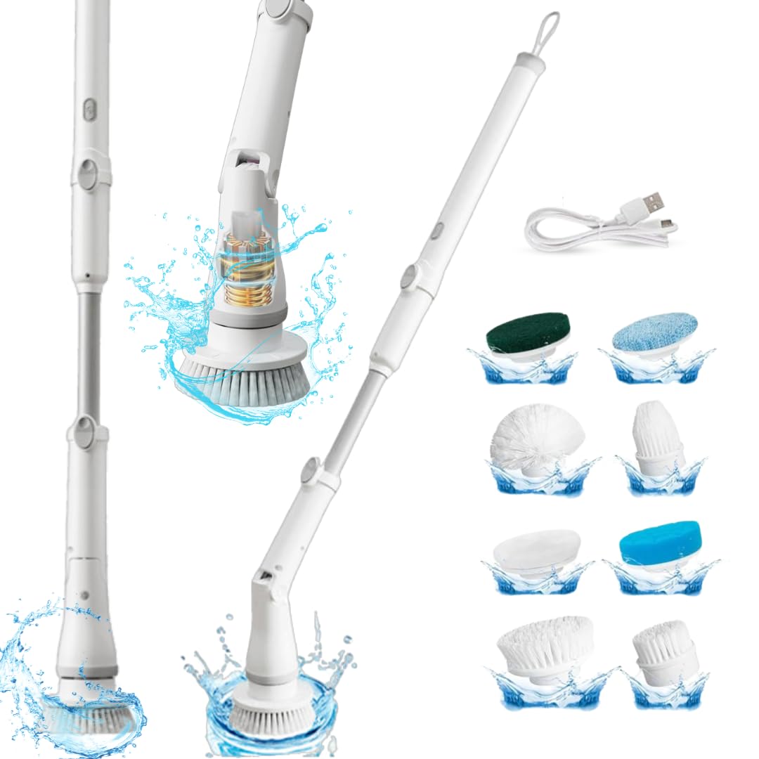 Photo 1 of Electric Spin Scrubber Cordless – High-Power Bathroom & Shower Cleaner with Long Handle, 8 Replaceable Heads, Dual Speed (350/420 RPM), 200-Minute Battery Life for Tile, Floor, and Grout Cleaning