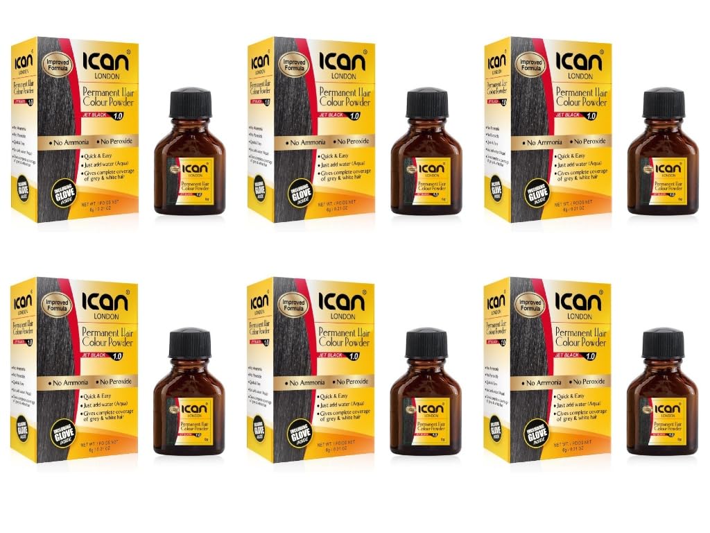 ICAN PERMANENT HAIR COLOR POWDER, NO AMONIA, NO PEROXIDE (1.0 JET BLACK) X 6 PACKS
