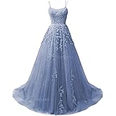 CWOAPO Spaghetti Straps Long Prom Dresses 2025 Ball Gown Lace Appliques Tulle Prom Dress with Pockets Wedding Gowns for Women