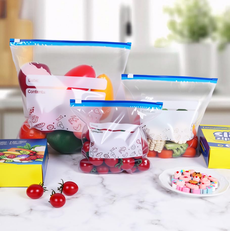 50 Pack Reusable Freezer Bags 3 Sizes (1L, 2.25L, 4.55L) for Batch Baking, Fruit, Vegetable, Meat, Snacks, BPA Free Sandwich Bags with Zipper and Bottom