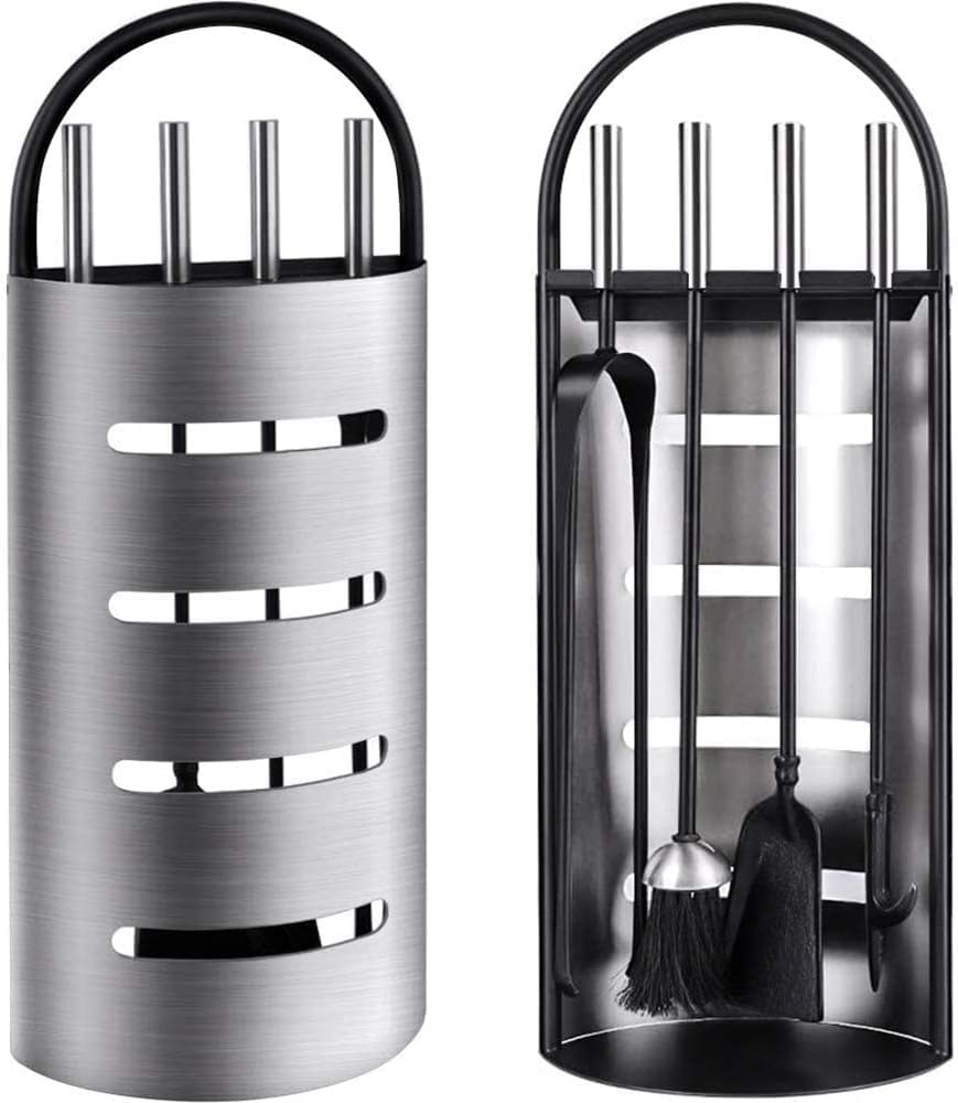 Amagabeli Garden Home 4 Pieces Fireside Companion Set Silver Wrought Iron Fireplace Wood Burner Accessories Tools Sets Modern Indoor Poker Brush Shovel Tongs