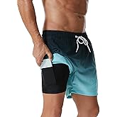 SILKWORLD Mens Swimming Trunks with Compression Liner Quick Dry 5 inch Swim Shorts with Zipper Pockets