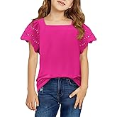 Yoklass Girls Casual Shirts Square Neck Ruffle Sleeve Tops Solid Loose Blouses 5-14 Years