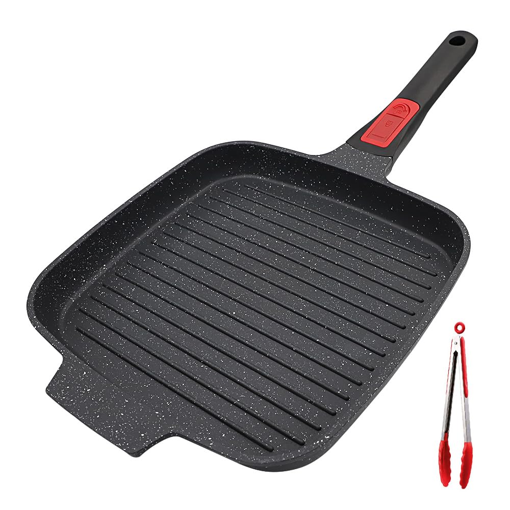 RANX INGST Griddle Pan with Detachable Handle, 24 cm Cast Aluminium Non Stick Steak Pan for Induction Hob, Black