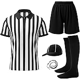 Shyyween 6 Pcs Men's Official Referee Costume Set Black and White Stripe Shirt Shorts and Socks Referee Hat Whistle Tossing Flag