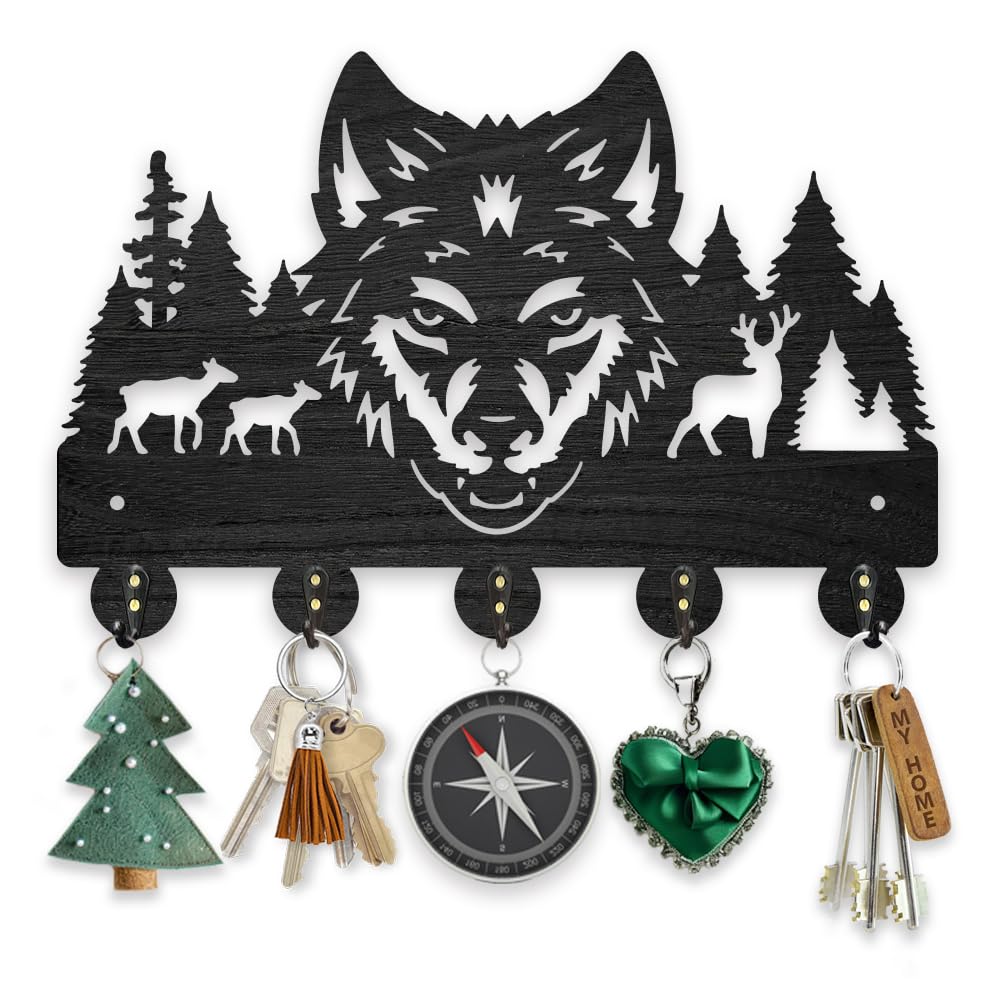 MAYJOYDIY Wolf Deer Forest Wooden Coat Hooks Wall Mount Forest Animal Tree Key Holder 5 Alloy Hooks for Entryway Kitchen Office Gift