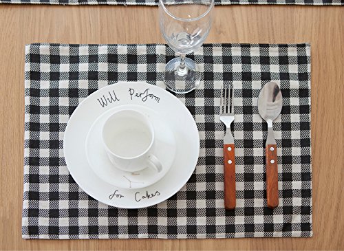 ChezMax Plaid Cotton Linen Reversible Picnic Table Runner 4pcs Placemats Set Party Banquet Decoration Outdoor Tablecloths without Tassles for Dining Table Black and White