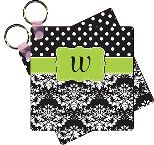 Rikki Knight Letter "W" Lime Green Black Damask Dots Design Square Key Chains - Identifier Tags (Set of 8)