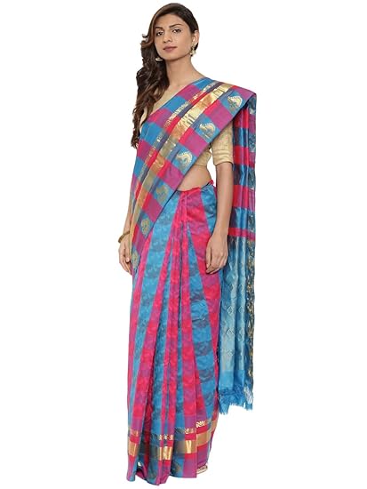 Womens Kanchipuram Silk Saree With Running Blouse (CCMYSS10392_Blue & Pink)