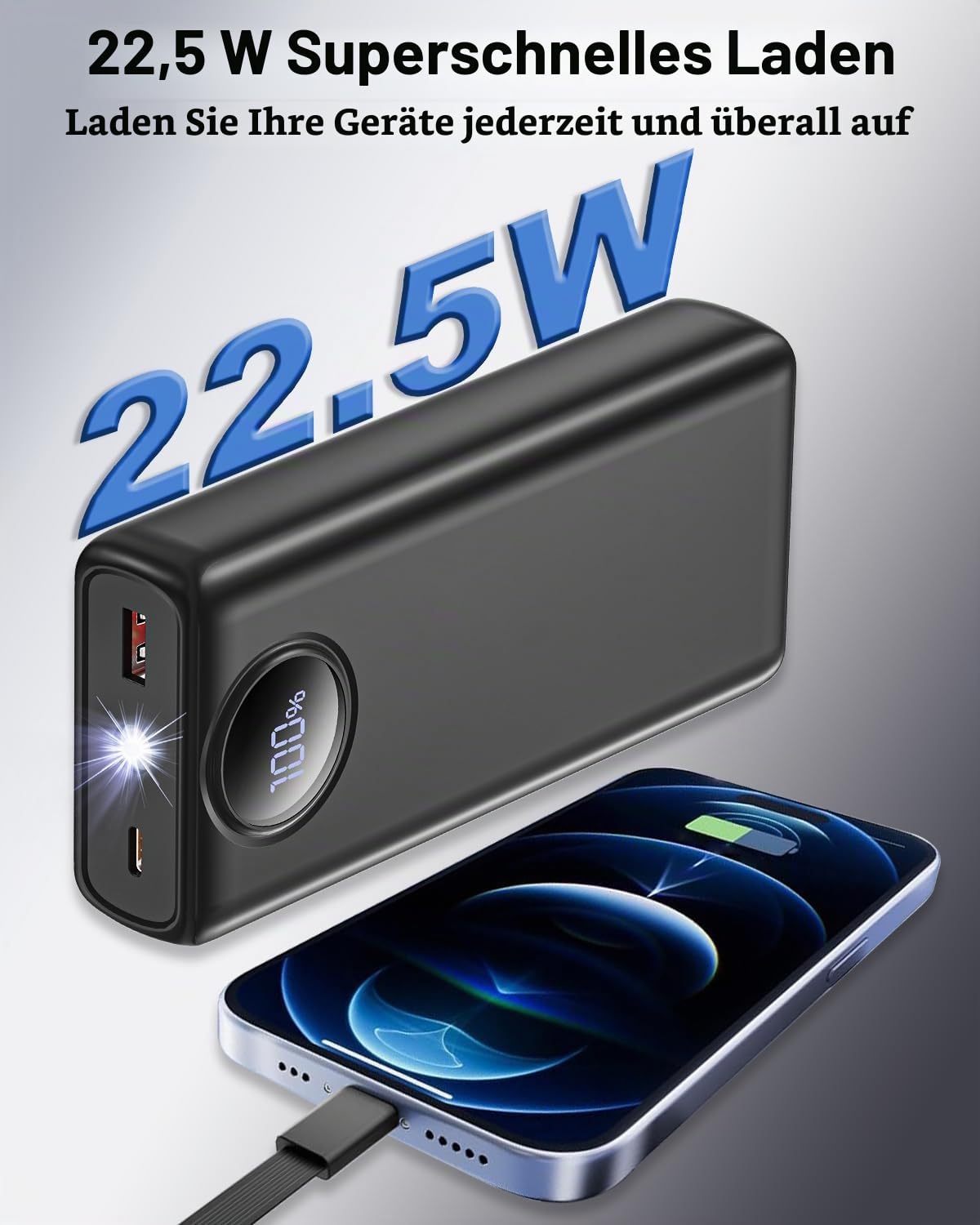 Powerbank 20000mAh, 22.5W Schnelllade Power Bank mit 4 Kabel Power Bank 3