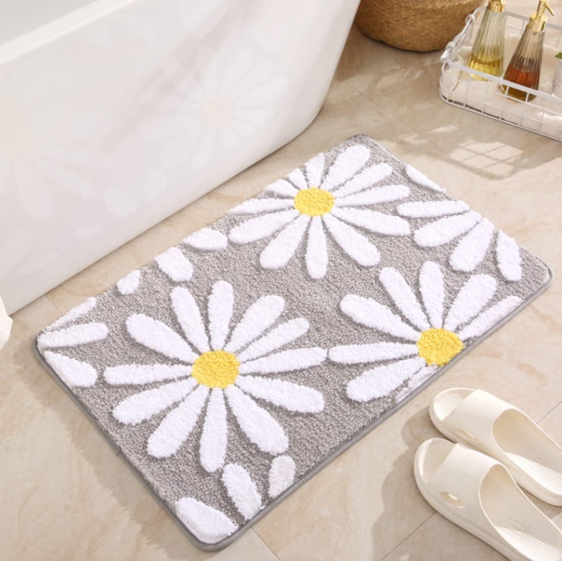 Skybook Daisy Bathroom Rugs Mat White Flower Bath Rugs Fluffy Soft Fiber Rugs Non Slip Bath Mat Plush Mats Bathroom Rug for Bathroom Shower Room (Grey, 50x80cm)