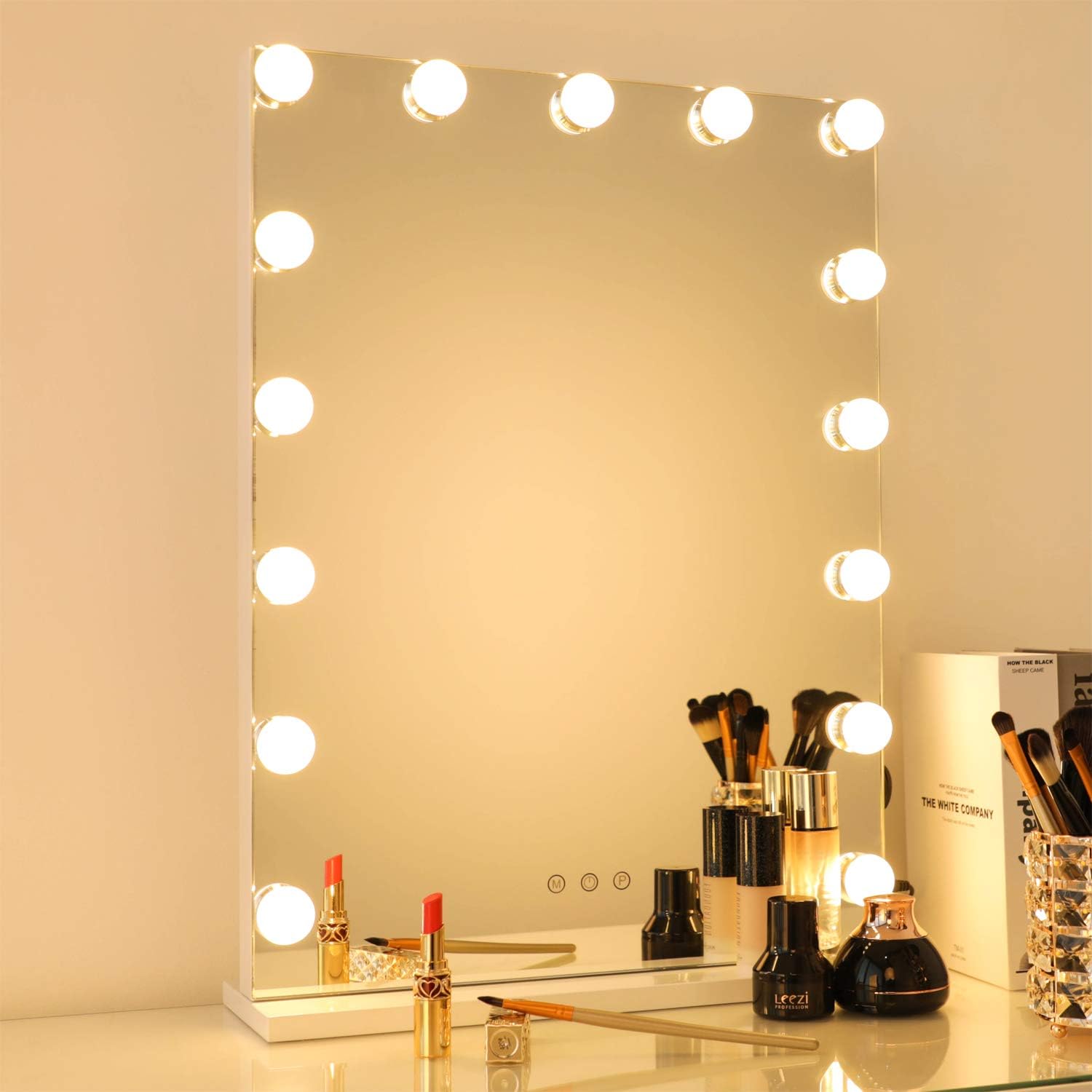 Makeup Mirror with Lights, 15 Dimmable LED Bulbs Lighted Vanity Mirror with 3 Color Modes, Touch Control, USB Charging Port, Tabletop or Wall-Mounted for Dressing Room, Dark Blue