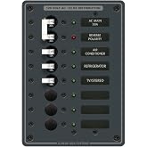 Blue Sea Systems Traditional Metal AC Panel, Main Plus 6 Positions | 120V AC; pre-wired hot, neutral and ground buses; backlit labels; reverse-polarity LED