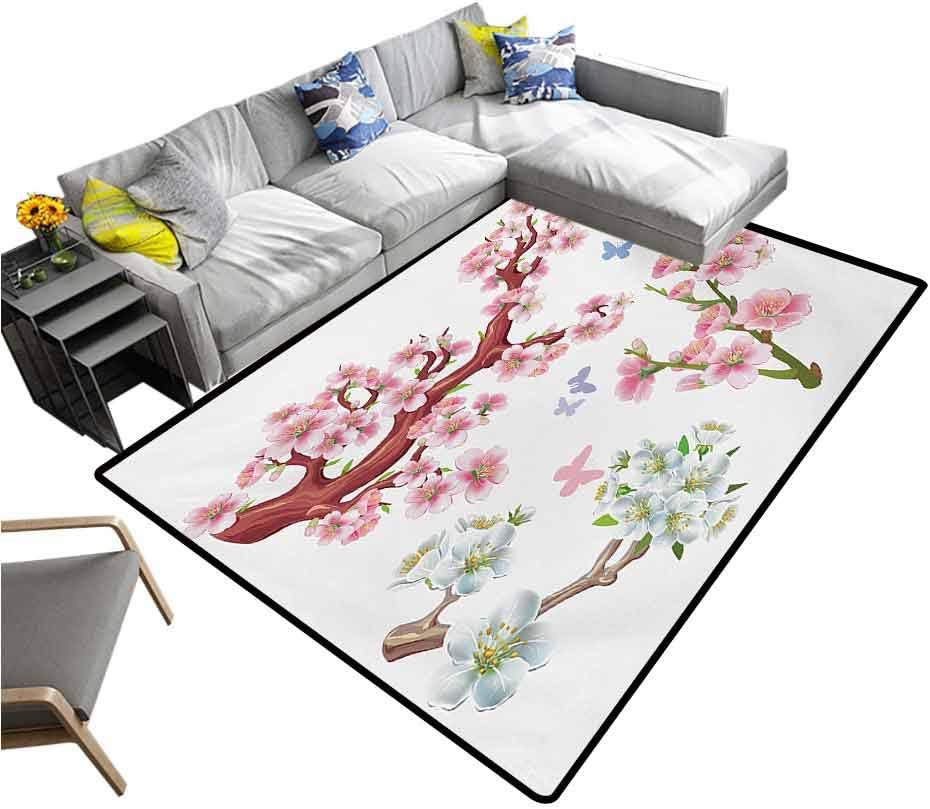 Floral Floor Mat Collection Flowering Branches Colorful Spring Garden Theme Seasonal Art Print Bathroom Soft Durable Area Rug Pink Brown Green (6'x8')