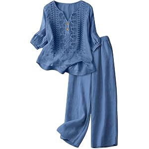 Linen Sets for Women 2 Piece Casual Vneck Embroidered 3/4 Sleeve Tops Wide Leg Linen Pants Set Beach Gauze Lounge Set