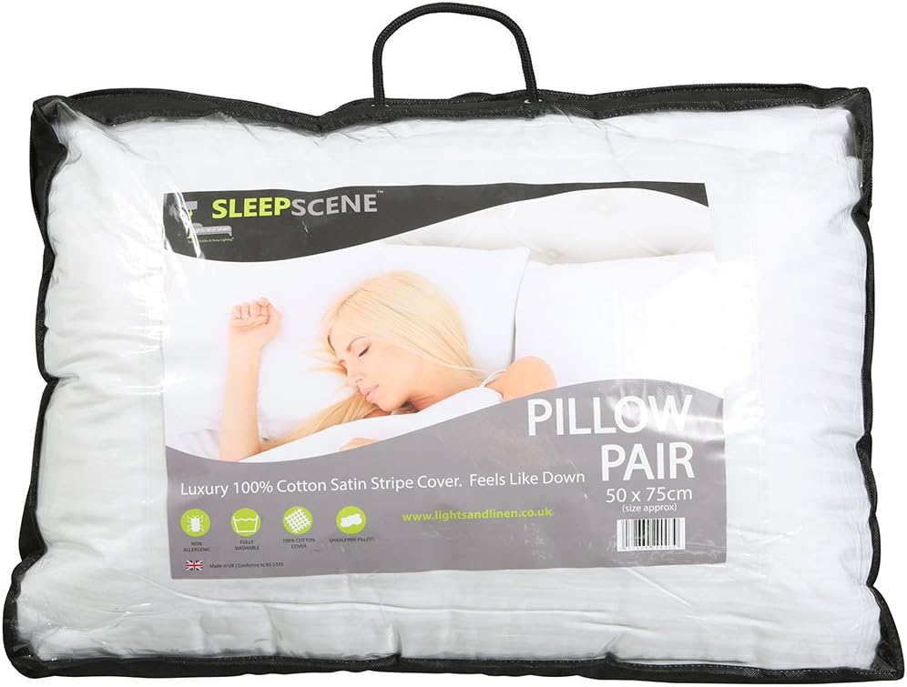 SLEEPSCENE 100% Cotton Woven Horizontal Satin Stripe Pair of Pillows White (x2)