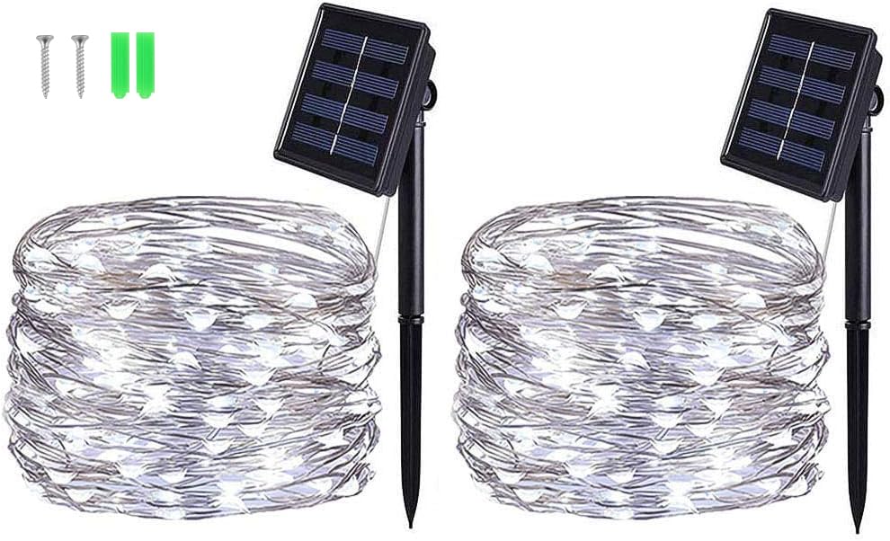 BOLWEO [2 Pack] Solar Powered String Lights,Solar Garden Lights Outdoor,16.4Ft 50LEDS,Waterproof Wire Lighting for Indoor Outdoor Christmas Tree Halloween Home Garden Decoration(Cool White)