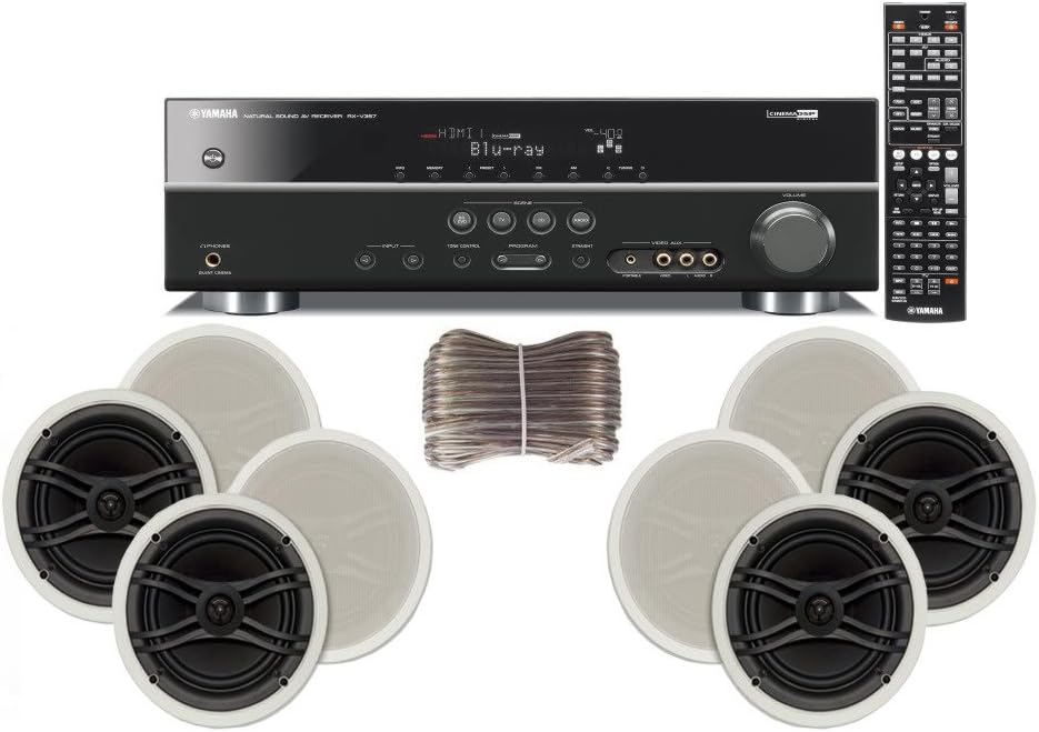 Yamaha 3D-Ready 5.1-Channel 500 Watts Digital Home Theater Audio/Video Receiver with 1080p-compatible HDMI repeater & Upgraded CINEMA DSP + Yamaha Universal iPod & iPhone Dock + Yamaha Custom Easy-to-install Natural Sound In-Ceiling 3-Way 100 watt Speakers (Set of 4) with Dual Tweeters & 6-1/2" Woofer + 100ft 16 AWG Speaker Wire