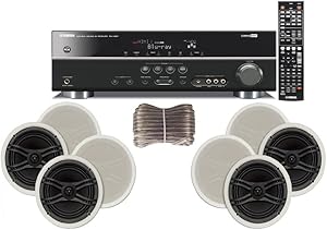 Yamaha 3D-Ready 5.1-Channel 500 Watts Digital Home Theater Audio/Video Receiver with 1080p-compatible HDMI repeater & Upgraded CINEMA DSP + Yamaha Universal iPod & iPhone Dock + Yamaha Custom Easy-to-install Natural Sound In-Ceiling 3-Way 100 watt Speakers (Set of 4) with Dual Tweeters & 6-1/2" Woofer + 100ft 16 AWG Speaker Wire