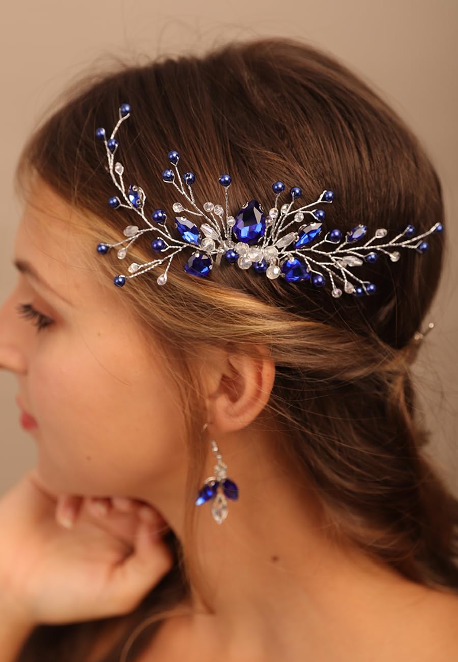 Chargances Bridal Sapphire Crystal Blue Dangle Earring and Hair Comb Set Silver Wedding Hair Accessory Hair Comb Piece Gift for Her Party Headpiece for Bride Bridesmaid Girls
