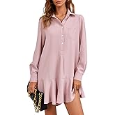 Fisoew Womens Casual Button Down Shirt Dress Long Sleeve Collared Pleated Swing Mini Dresses