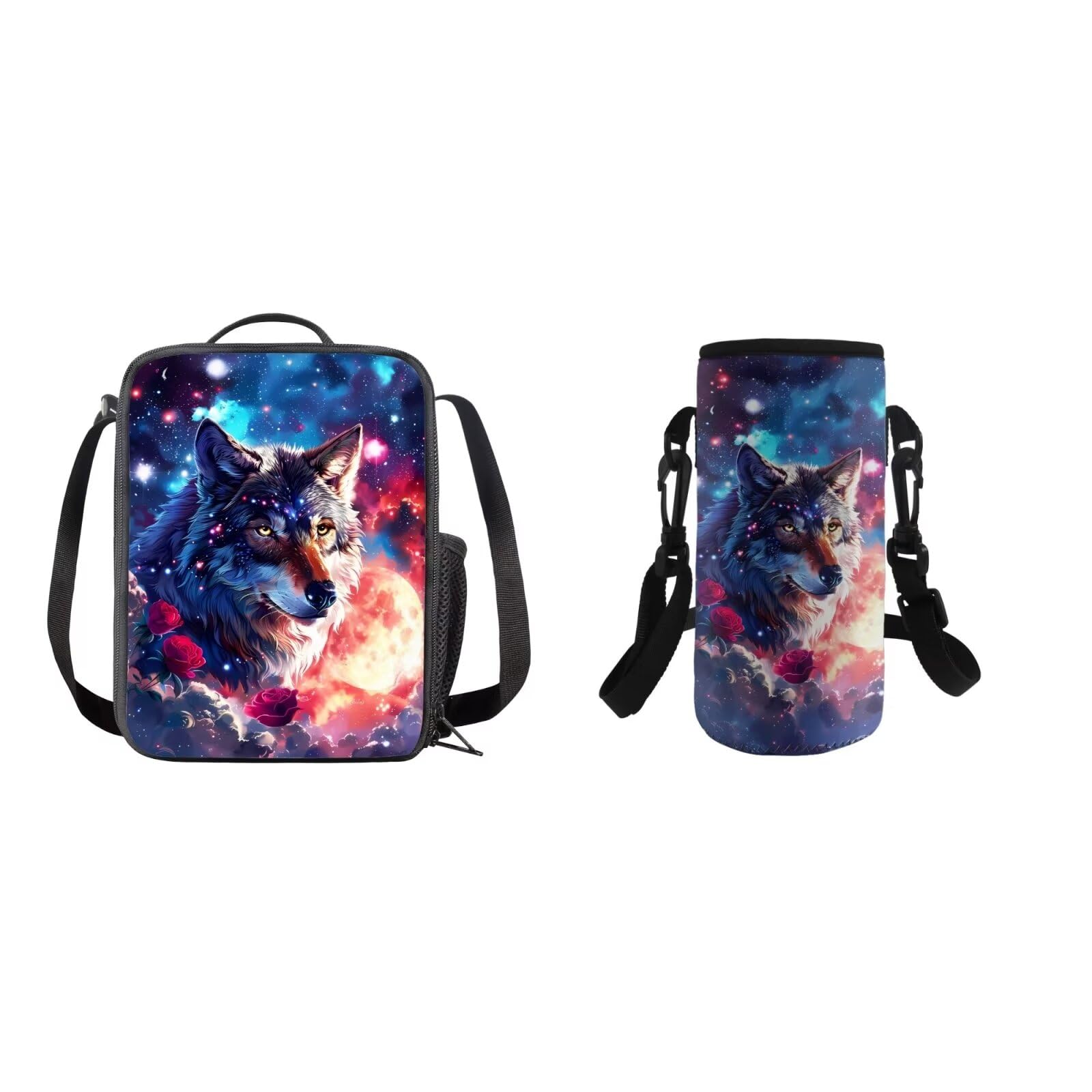 COEQINE Girls School Lunch Bag with Water Bottle Holder 2 Pieces Rose Lunch Box Party Galaxy Wolf Lunch Bag with Strap for Women Girls