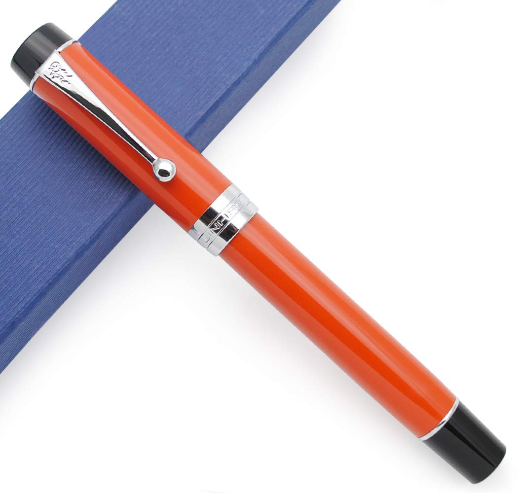 JINHAO Century Tofu 100 18KGP Golden Plated Resin Fountain Pen (Red with Silver Clip, Medium Nib)