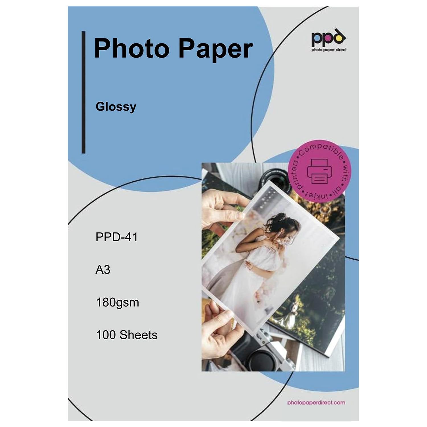 PPD Glossy Photo Paper for Inkjet Printer, A3 11 x 17 Heavyweight Quality Printable Sheets for Custom Picture, Professional Photographic Instant Dry for Normal, Dye or Pigment Ink (50 Pack/180 GSM)