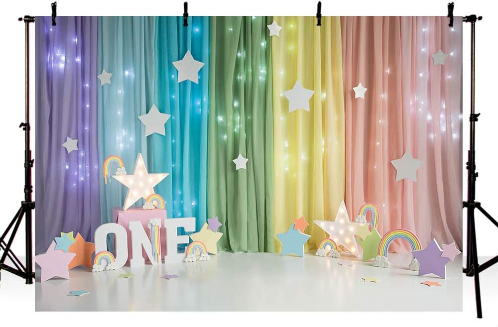 MEHOFOND 7x5ft Rainbow One Birthday 1st Girl Bday Hanging Stars Party Supplies Decoration Banner Photo Studio Props for Cake Smash