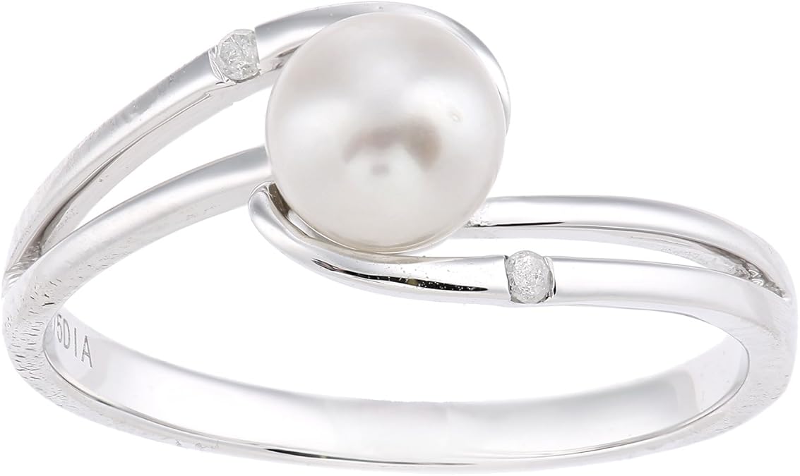 9ct White Gold, 0.02ct Diamonds with White Cultured pearl Ring Amazon