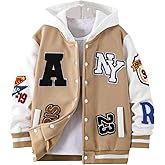BEAUDRM Boy's Letter Graphic Varsity Jacket Long Sleeve Button Down Hooded Baseball Jacket Coat Streetwear