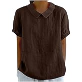 Cute Linen Top Shirts for Women Summer Dressy Casual Lapel Blouses Cotton Linen Short Sleeve Casual Tees Solid Color