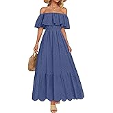 ZESICA Women's 2026 Summer Off Shoulder Ruffle Midi Dress Short Sleeve High Waist Hollow Out Embroidery Party Dresses