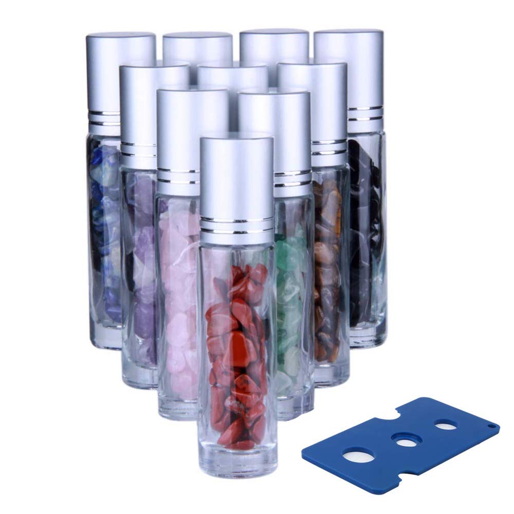 L &H Gadgets Clear Glass Roller Bottles 10 Pack 10ml Gemstone Roller Ball for Essential Oils,Natural Crystal Stones Roller Balls with Silver Lid,Thick Glass Roll on Bottle-Healing Crystal Chips