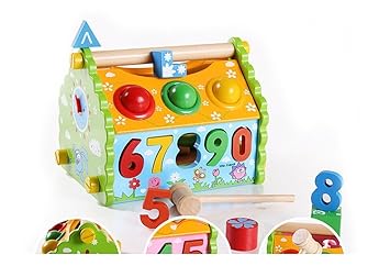 Multifunction Digital Wisdom House Shape Knock Ball Houseeducational Wooden Toys for Kids 20 cm