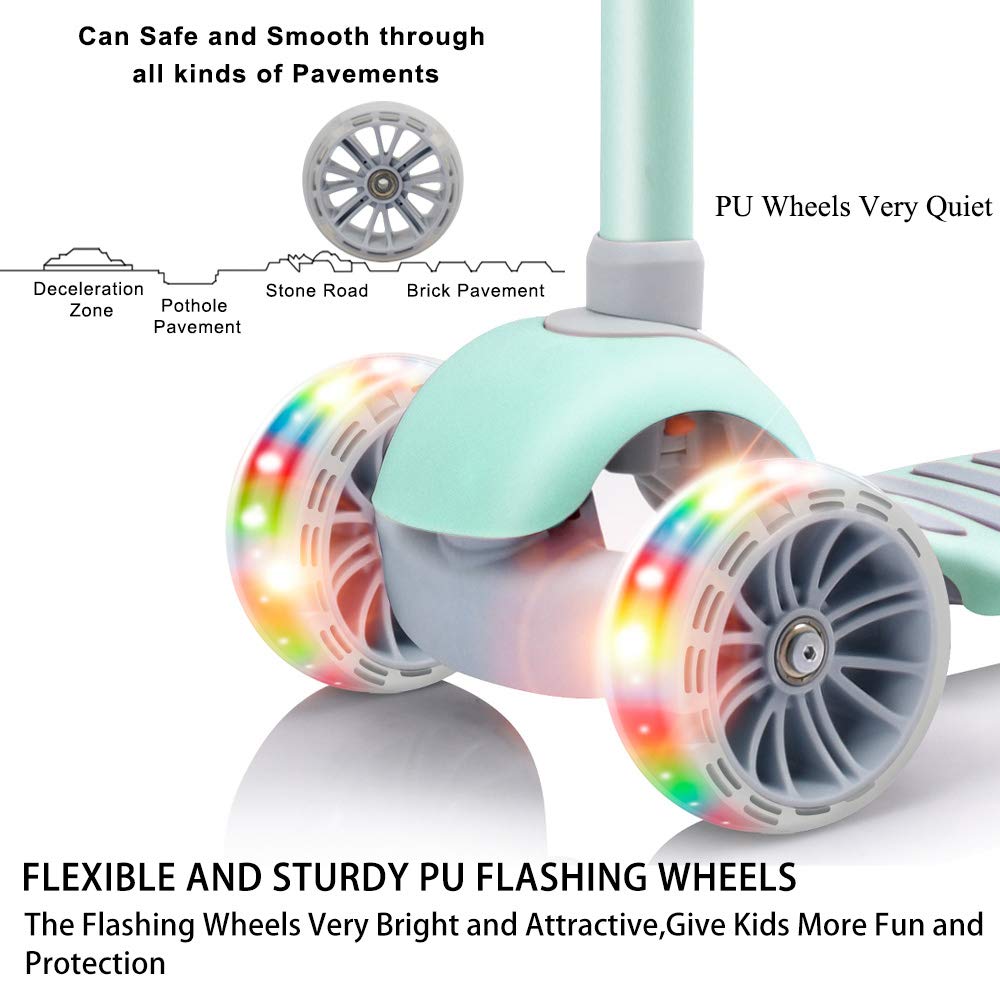 67i Kick Scooter for Kids 3 Wheel Scooter for Toddlers Girls & Boys 4 Adjustable Height Lean to Steer with PU Light Up Wheels for Children from 3 to 14 Years Old (Green)